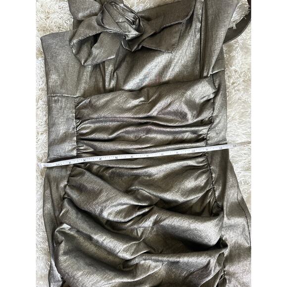 Vintage Jessica McClintock Pewter Silver Rosette Ruched Metallic Mermaid Gown  6 - Picture 10 of 11